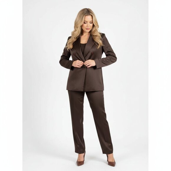 Via Seta 100% Silk Chocolate Brown Jacket Blazer & Pant...